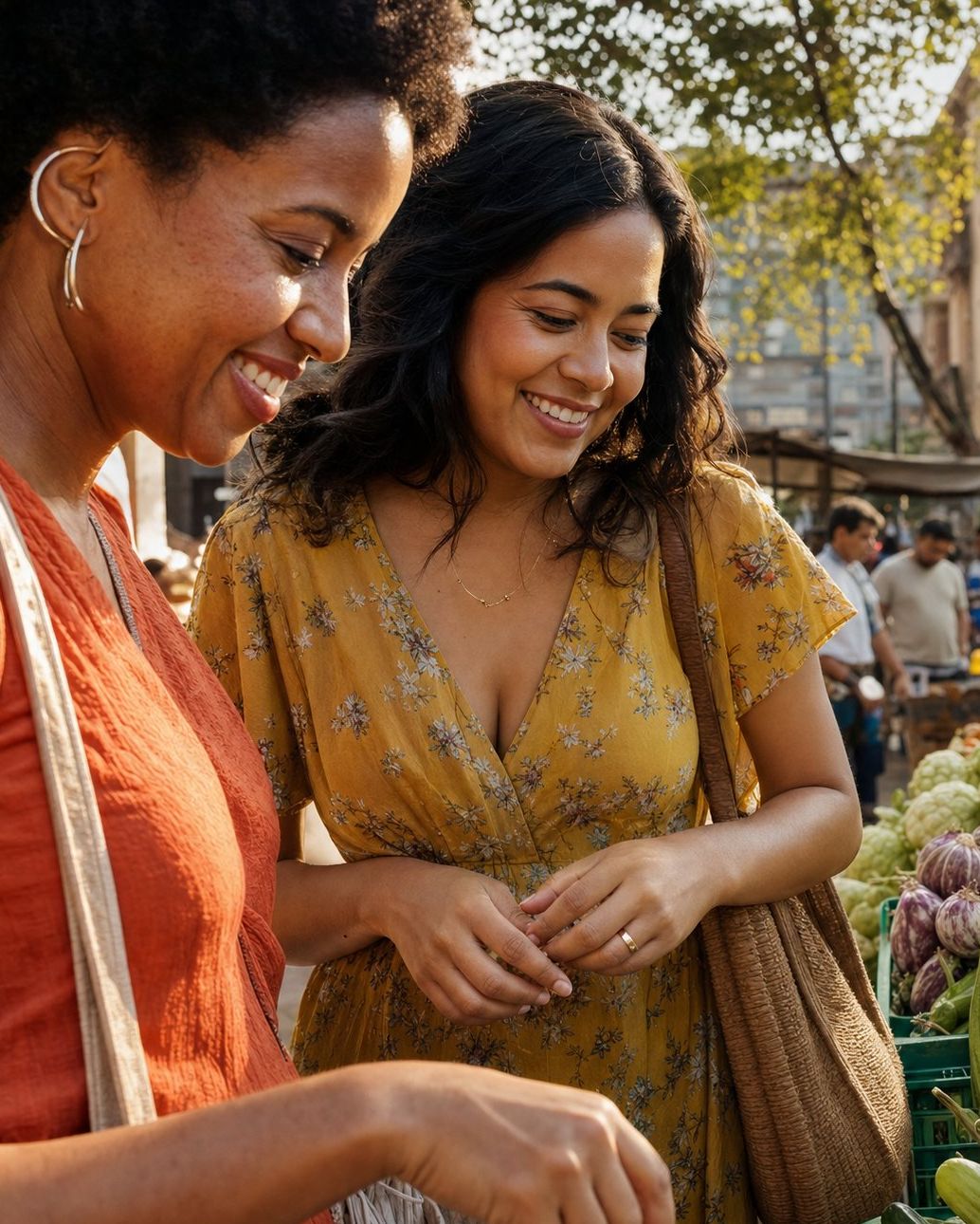 Photo 1: two friends smiling at a market stall